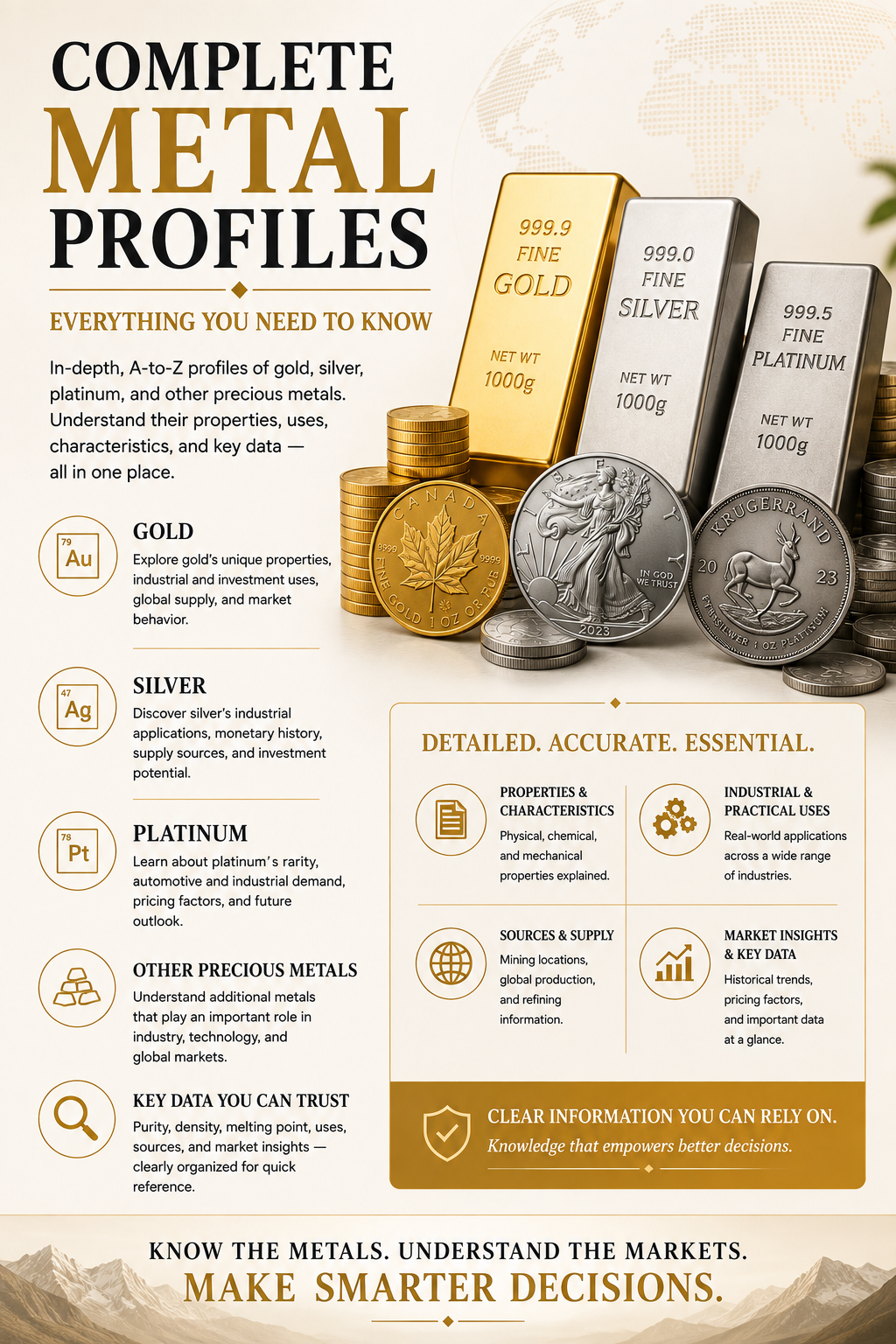 Complete metal profiles including gold, silver and platinum